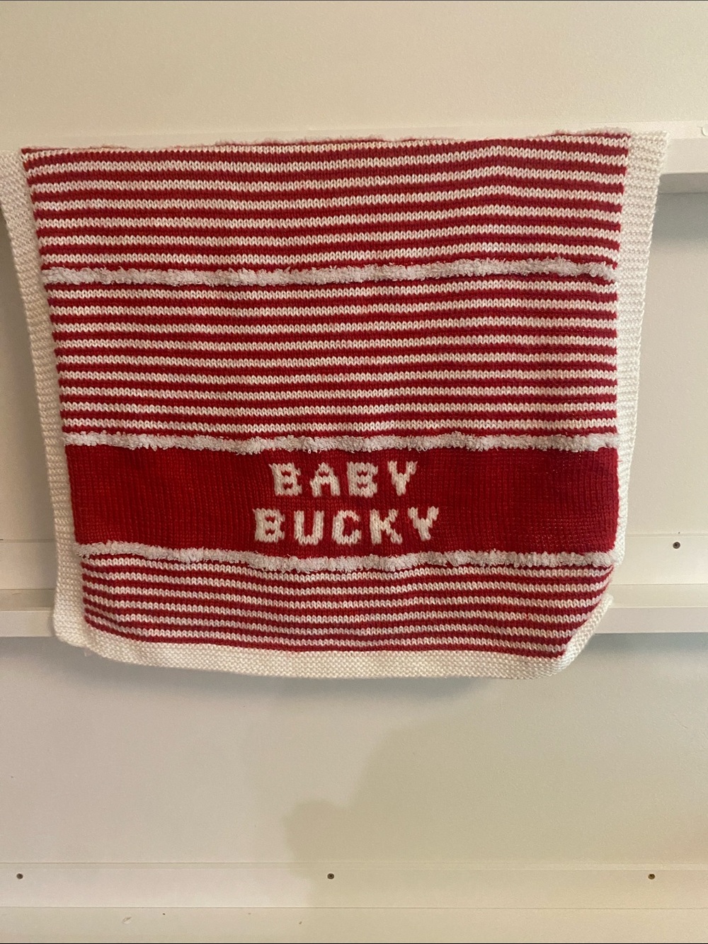 Red & White Striped 'BABY BUCKY' Knit Blanket